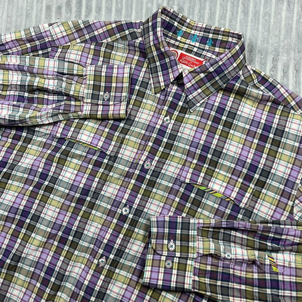 Robert Graham Freshly Laundered Button Up Shirt Men's L Purple Green Plaid Roll - Picture 1 of 13